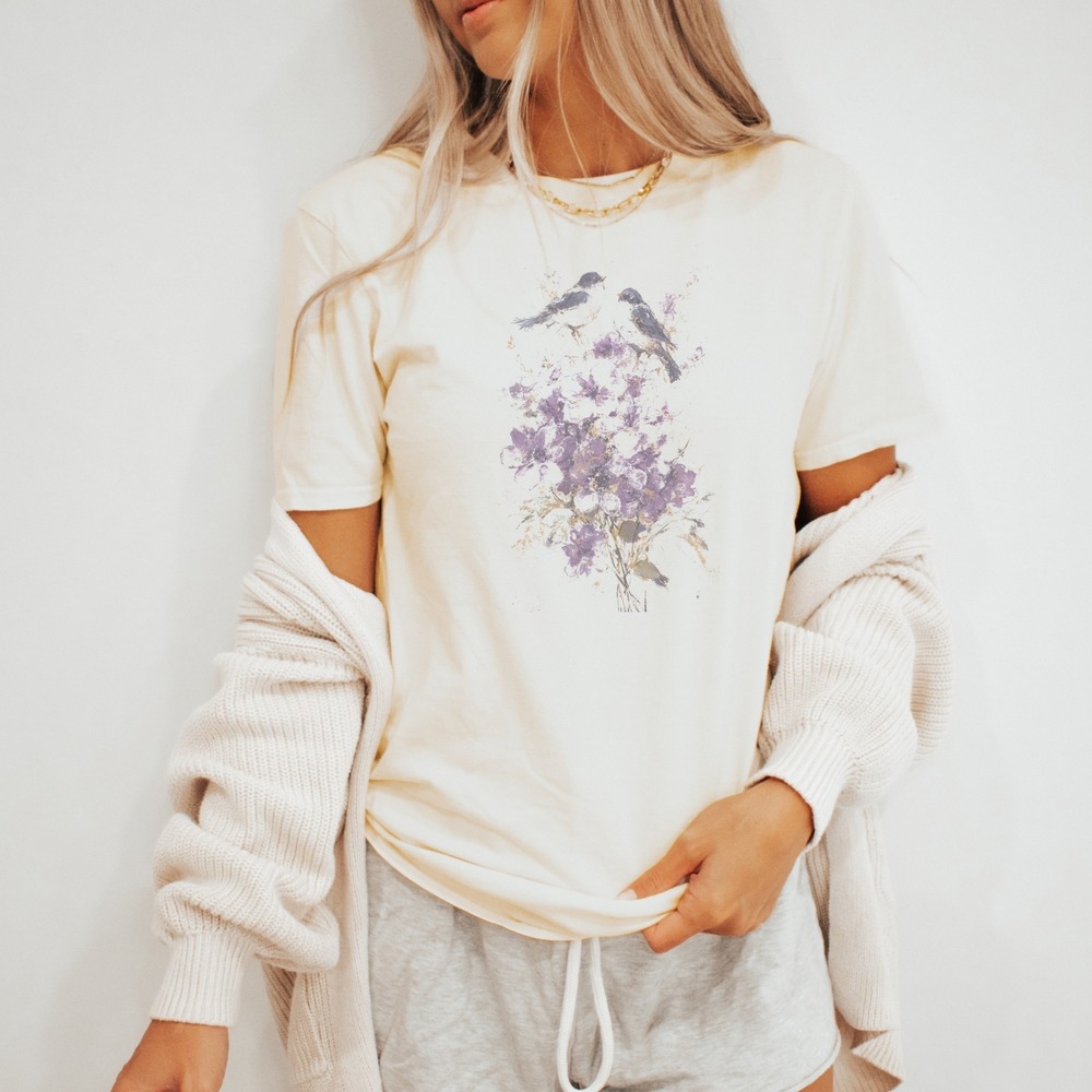 Birds and Purple Flowers Watercolor Graphic Tee Artistic Nature Design
